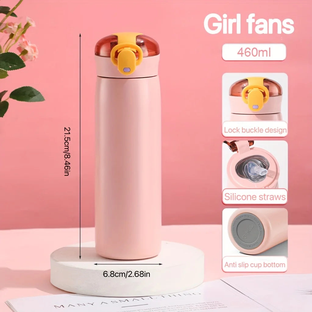 A pink insulated water bottle with a yellow pop-up straw lid and silicone straws displayed on a white stand.