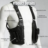 A black leather crossbody bag is displayed on a mannequin, showing details like line reinforcement, adjustable buckles, and a