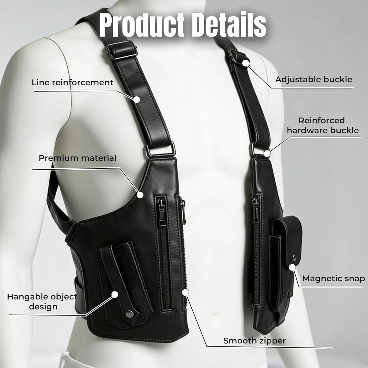 A black leather crossbody bag is displayed on a mannequin, showing details like line reinforcement, adjustable buckles, and a