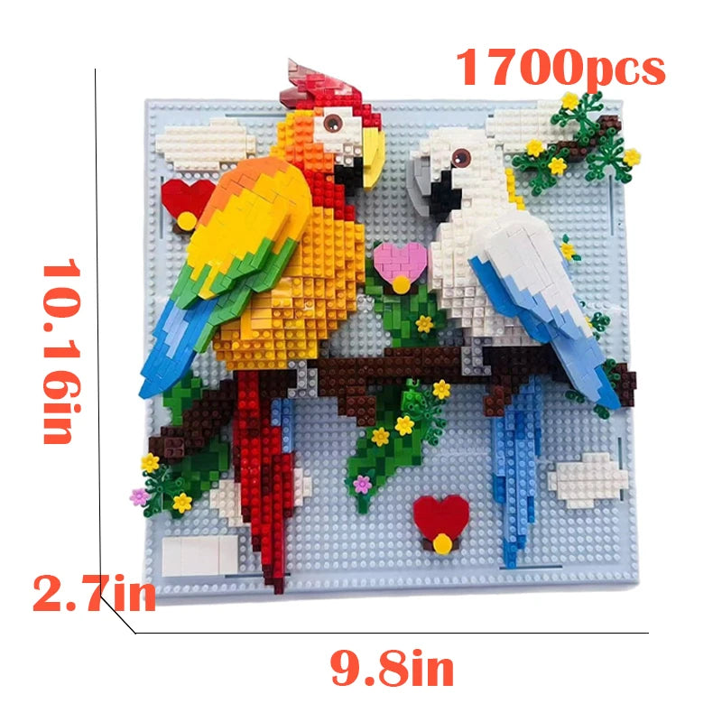 A 1700 piece mosaic building block kit depicting a toucan and a white bird on a light blue background.