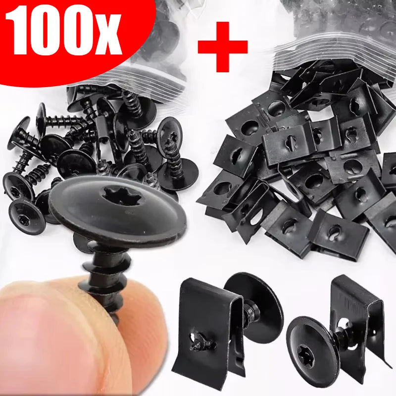 A kit of black self-tapping screws and U-shaped spacers shown next to a hand for scale.