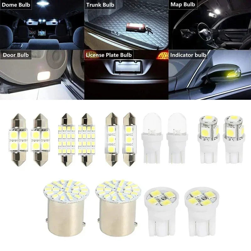 A collection of various car interior LED bulbs including dome, trunk, map, license plate, and indicator lights.