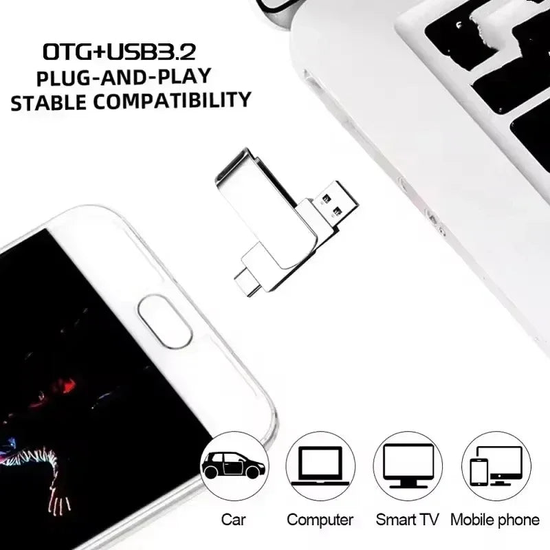 A white OTG+USB3.2 plug-and-play flash drive is shown next to a smartphone and various electronic devices.