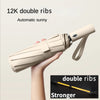 A hand holds a beige double ribs umbrella, demonstrating its compact folding design.