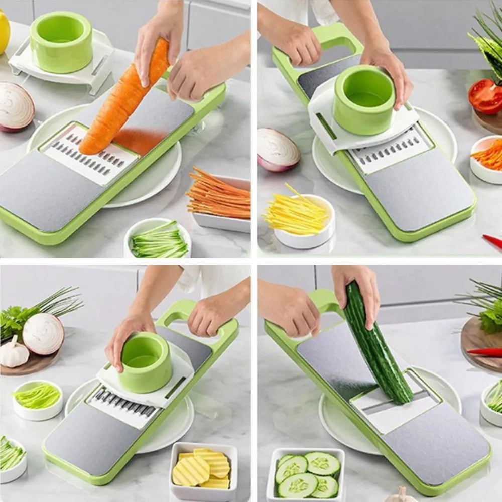 A hand is using a multifunctional stainless steel vegetable cutter with interchangeable blades to slice carrots, cucumbers, a