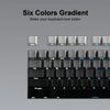 A close-up of a keyboard showing six colors gradient keycaps on a black mechanical keyboard.