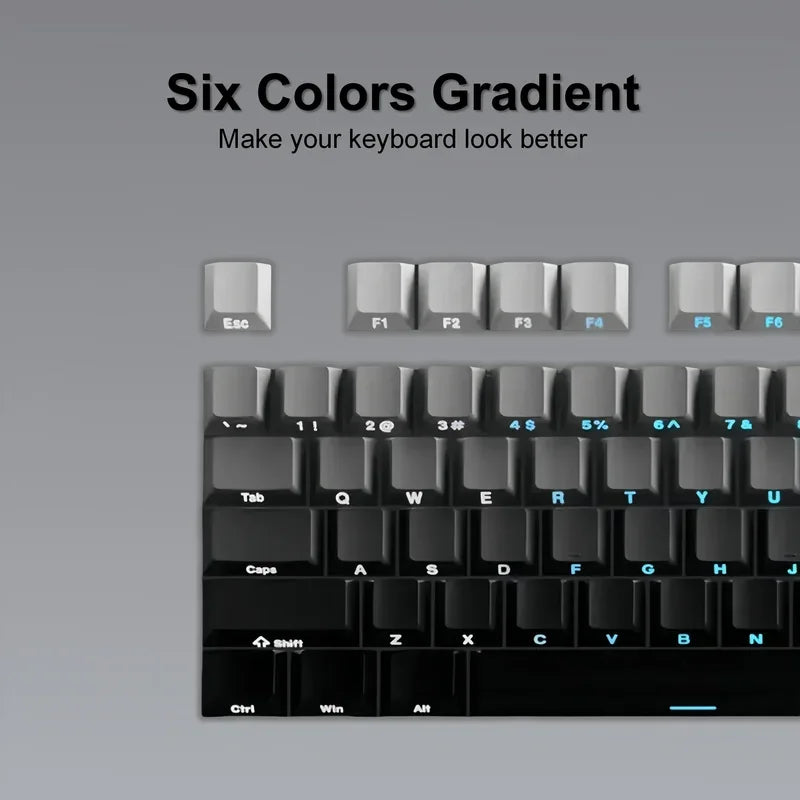 A close-up of a keyboard showing six colors gradient keycaps on a black mechanical keyboard.