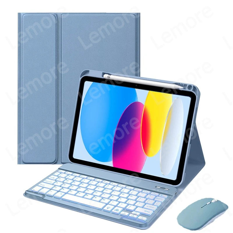 A blue iPad keyboard case with a matching keyboard and mouse shown next to the product.