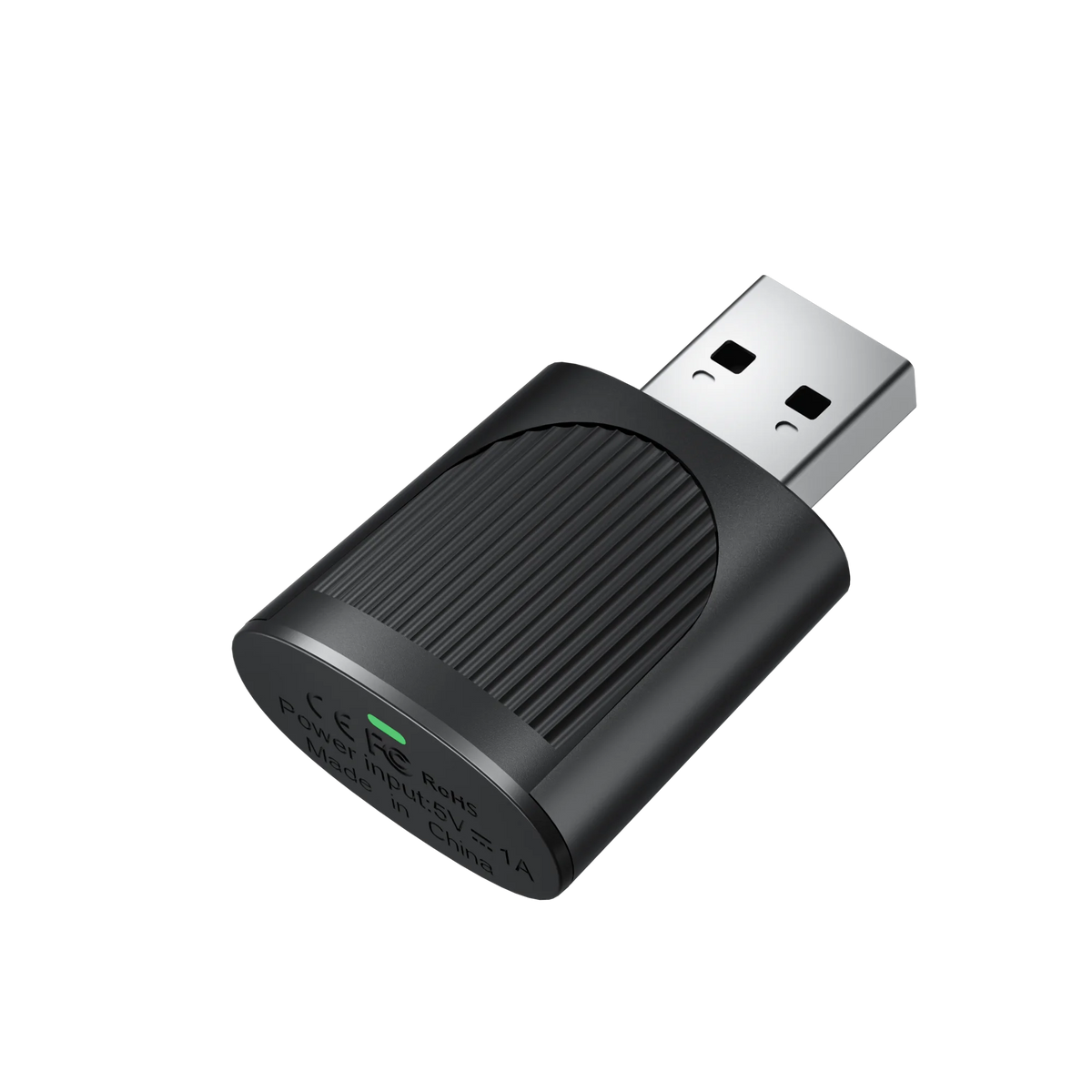 Adaptador inalámbrico negro para CarPlay y Android Auto, con interfaz USB y certificación CE RoHS.