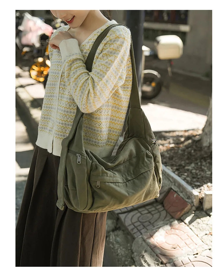 Cotton Canvas Crossbody Bag with Large Capacity