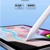 A white stylus pen is writing on a tablet screen, demonstrating its durability and long-lasting performance.