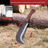 A close-up view of a forged elbow wood knife handle integrated into a blade, shown next to a log.