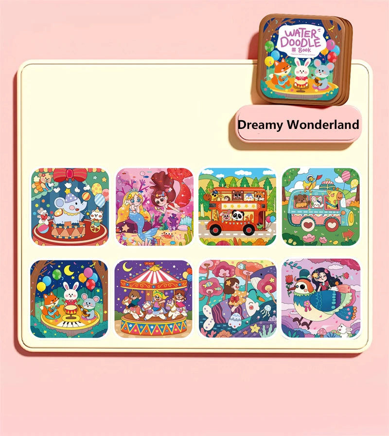 A set of colorful illustrations featuring animals and fantasy scenes from the Water Doodle Book for kids.