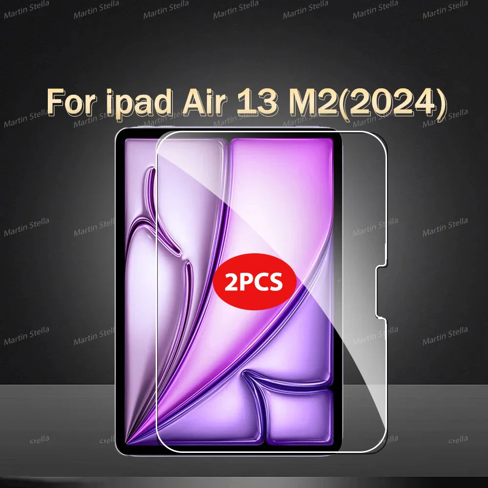 A transparent tempered glass screen protector for an iPad Air 13 M2 shown in a protective packaging context.