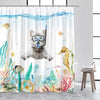 Cat Riding Dinosaur Shower Curtain with Ocean Wave Design