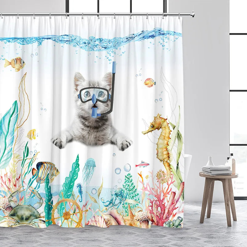 Cat Riding Dinosaur Shower Curtain with Ocean Wave Design