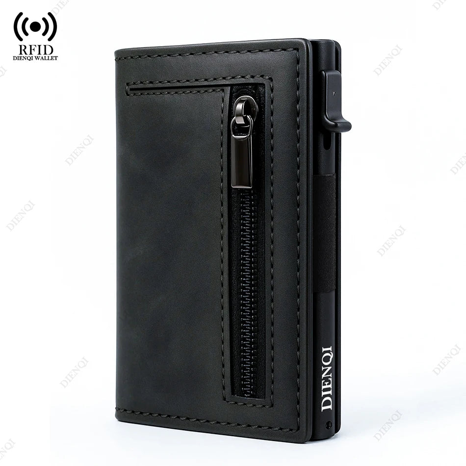 Portefeuille pop-up noir minimaliste anti-RFID avec compartiment zippé et fermoir métallique.