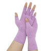 Purple compression arthritis gloves worn on a hand and wrist.