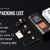 A packing list for a portable car tire inflator, showing seven components including a host, color box, inflatable tube, valve