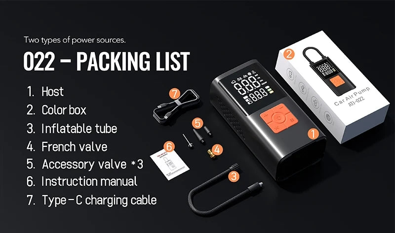 A packing list for a portable car tire inflator, showing seven components including a host, color box, inflatable tube, valve