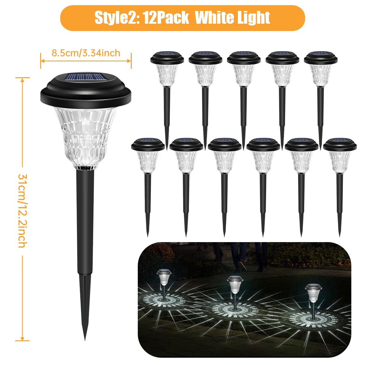 A set of 12 black solar-powered LED pathway lights with white light, shown in various orientations and a nighttime installati
