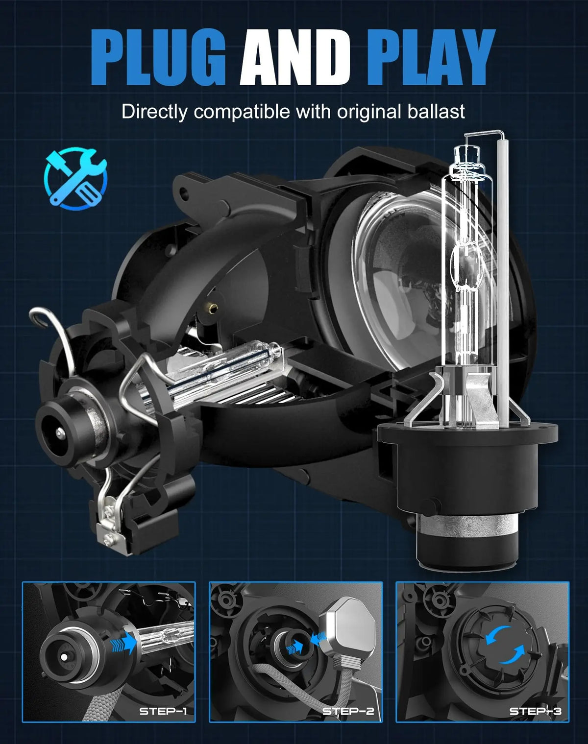 Plug and play HID Xenon headlight bulb kit showing the components for direct compatibility with original ballast.