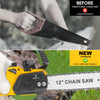 A yellow cordless electric chainsaw with a 12 inch chain saw blade is shown next to a piece of wood.