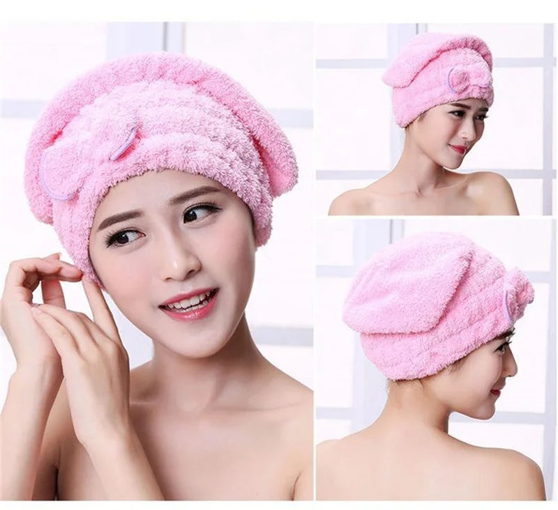 Pink microfibre quick-dry hair towel wrap with a bowknot shown on a model's head and shoulder.