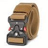 A close-up view of a tan nylon tactical belt with a black metal buckle and a leather strap.