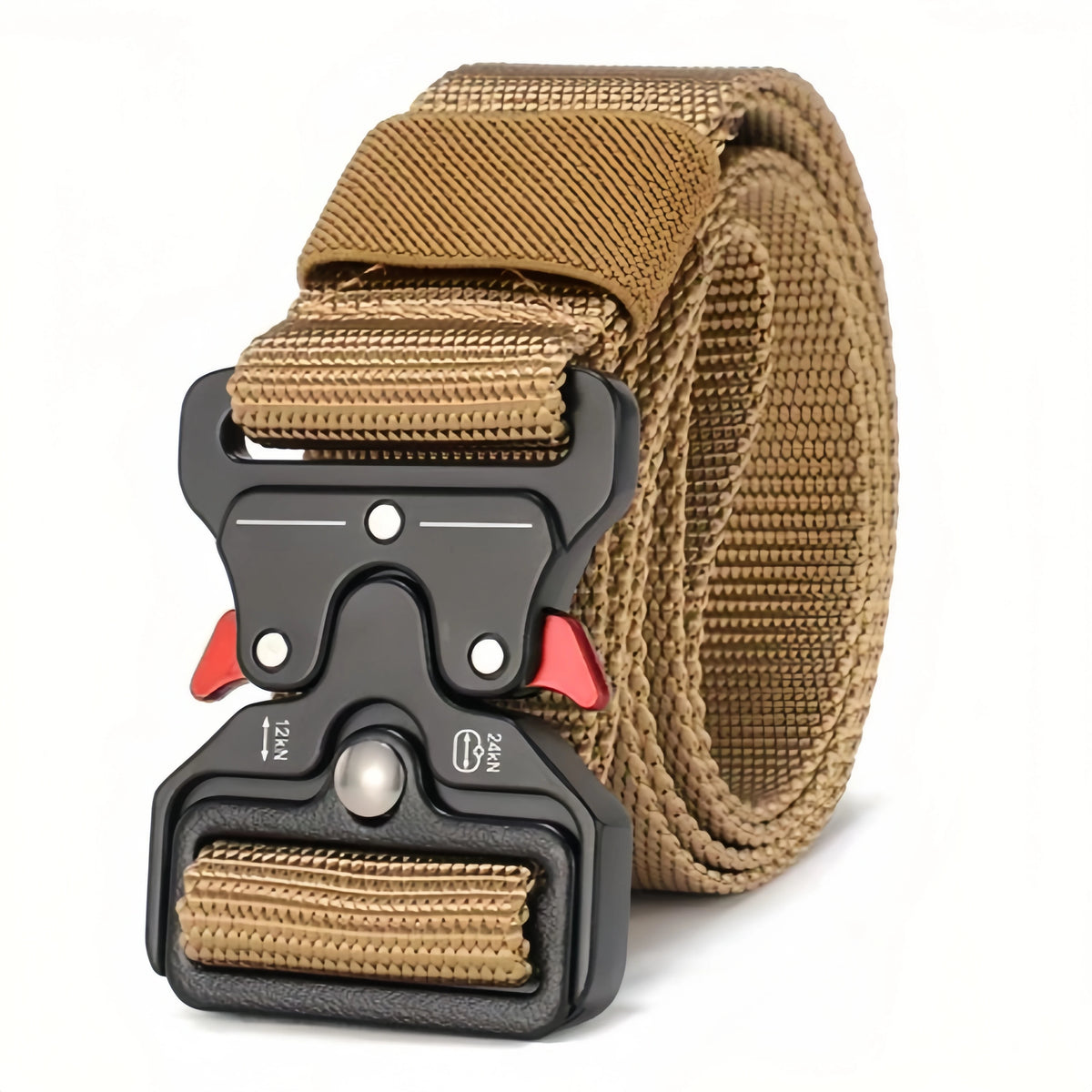 A close-up view of a tan nylon tactical belt with a black metal buckle and a leather strap.