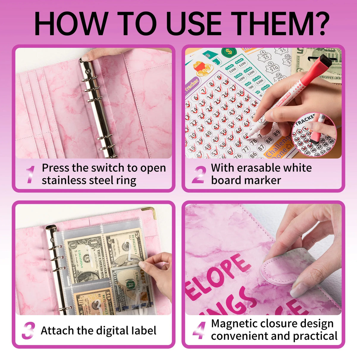 Marble A5 Savings Challenge Binder with 100 Cash Envelopes