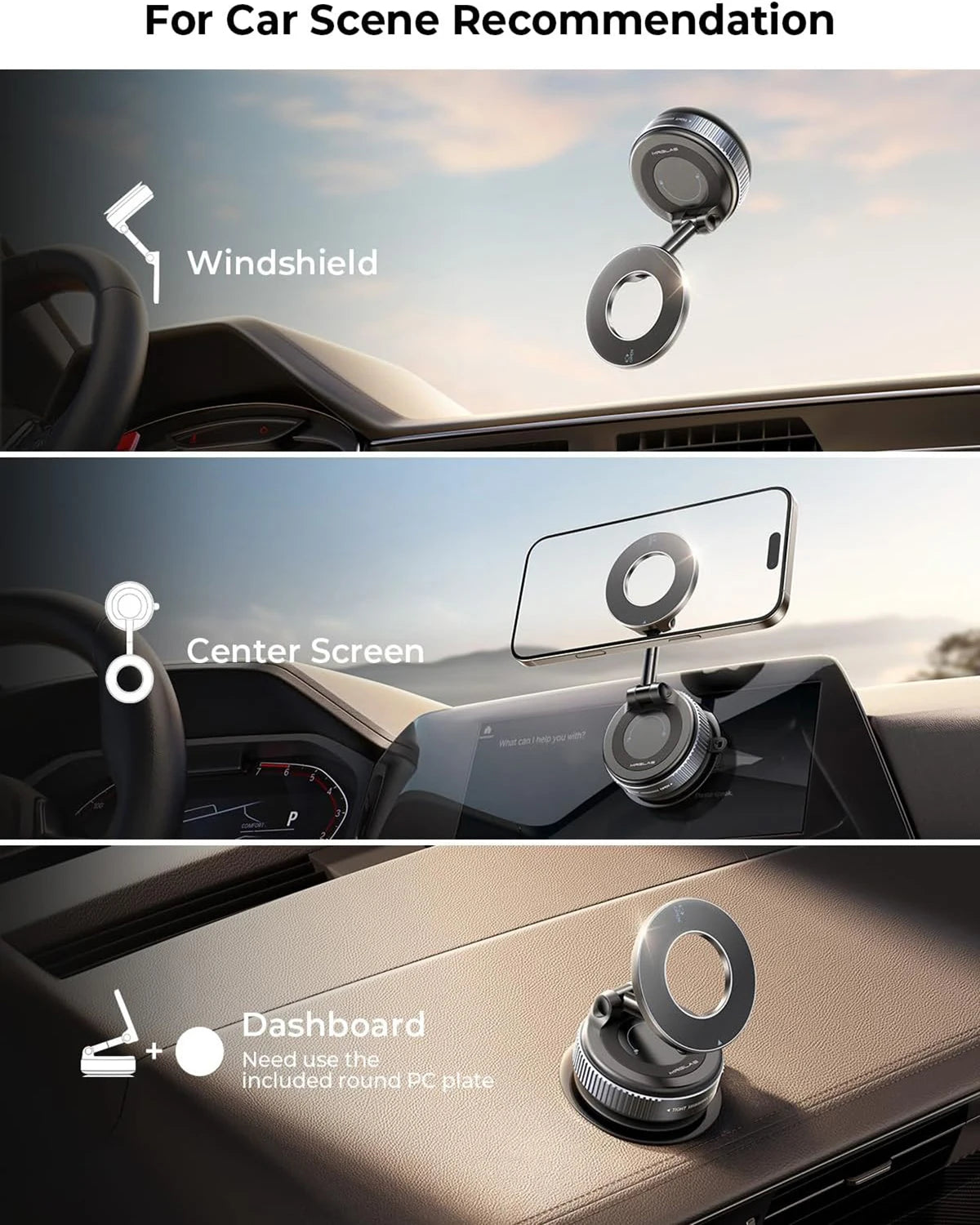 A strong magnetic car phone holder with a foldable 360-degree adjustable arm is shown mounted on a windshield, center screen,