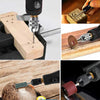 Close-up shots of a cordless rotary tool kit used for precision engraving, sanding, and drilling wood.