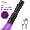 A purple UV flashlight with a lens and charging cable components shown next to the device.