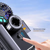 A hand is clamping a phone onto a portable holder with a one-touch secure clamping mechanism.
