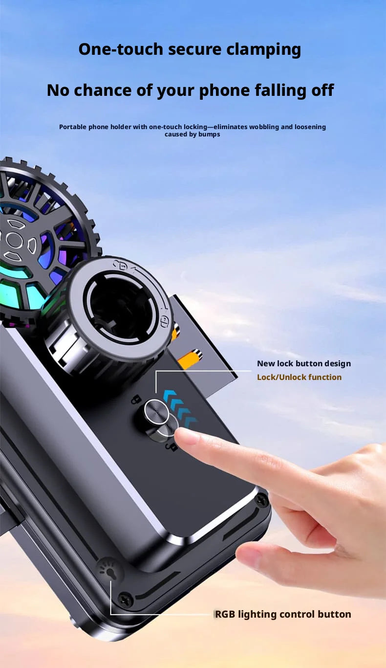 A hand is clamping a phone onto a portable holder with a one-touch secure clamping mechanism.