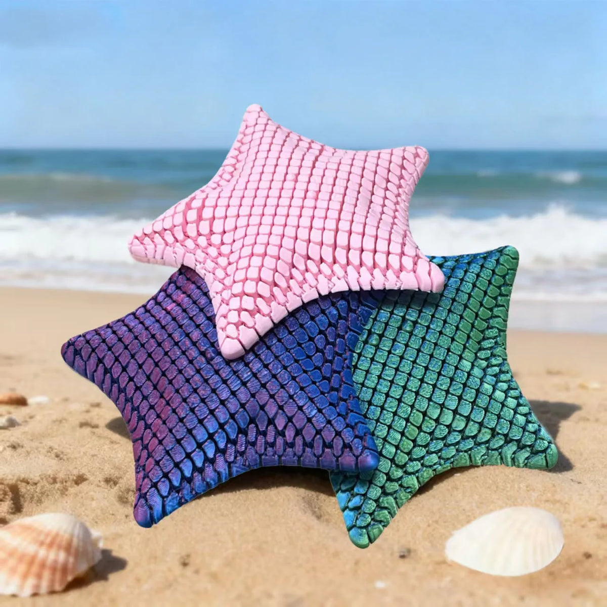 A pink starfish fidget toy rests on the sand next to a purple and green starfish and seashells.