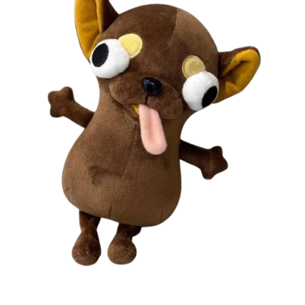 A brown plush chihuahua dog with large eyes and a pink tongue.