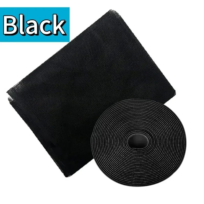 Black self-adhesive mosquito net for windows, shown flat and rolled.