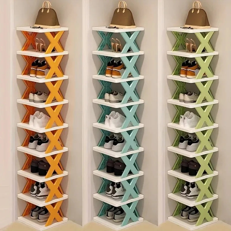 A vertical shoe rack with nine tiers displaying various pairs of shoes in neutral and earthy tones.