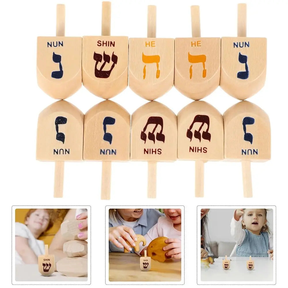 Wooden spinning tops for Hanukkah and kids' play featuring various Hebrew letters
