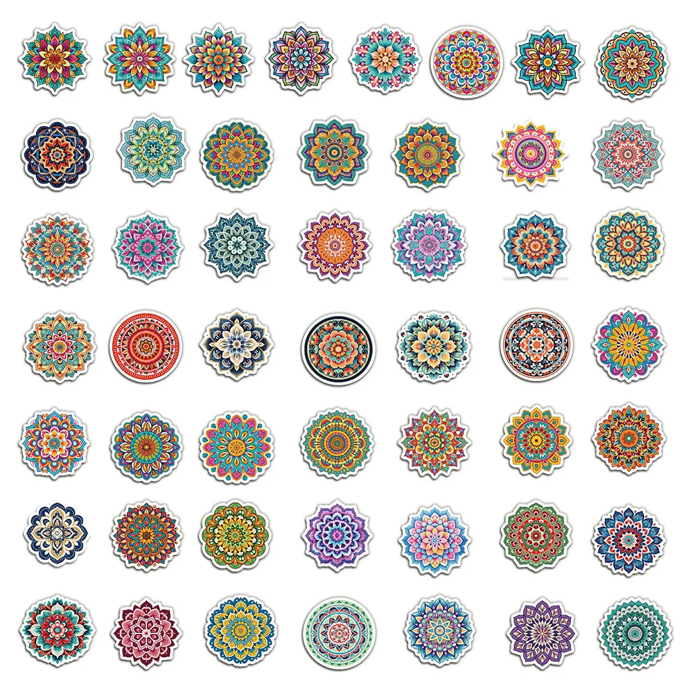 A collection of colorful mandala and graffiti stickers in various sizes and patterns for DIY phone cases and accessories