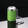 A silver metal coin tube keychain with a lime green textured wrap and a silver keyring.