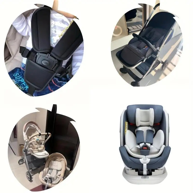 Black safety belt cushion covers for a baby stroller and car seat.