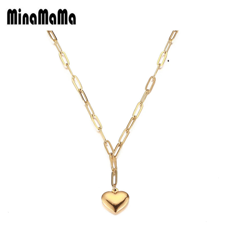 Stainless Steel Paperclip Chain Heart Pendant Necklace