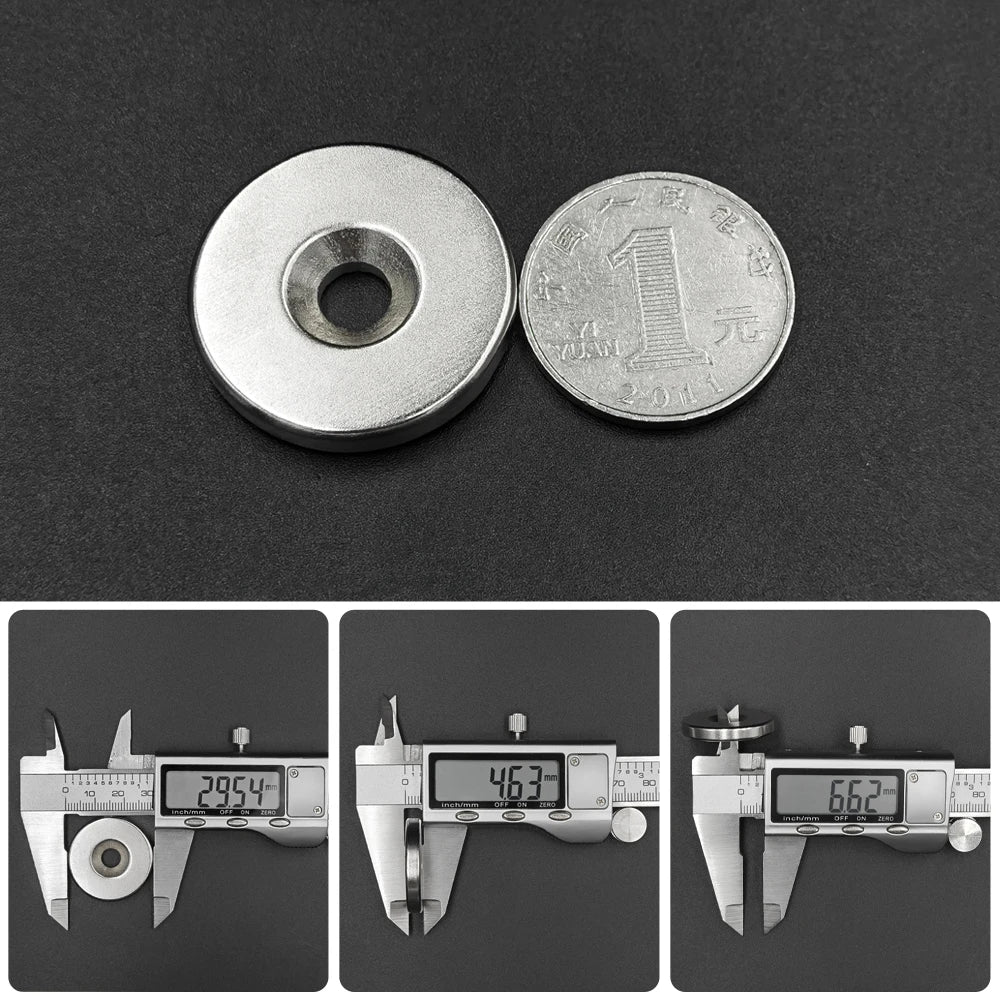 Three images showing countersunk neodymium disc magnets and digital measuring devices.