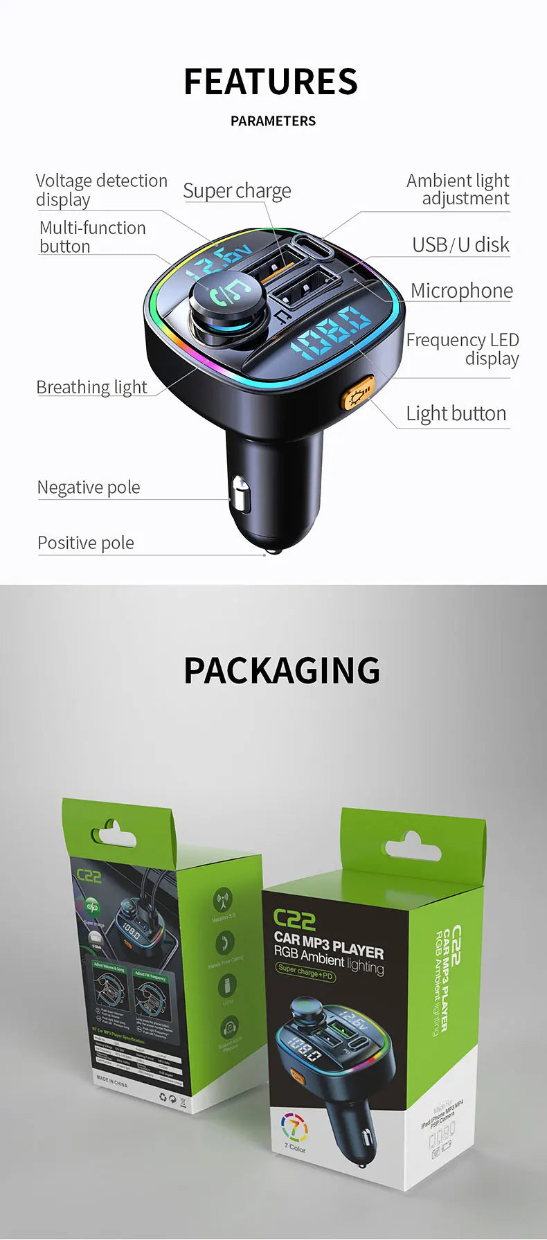 Bluetooth FM Transmitter with 22.5W Fast Charging Car Adapter