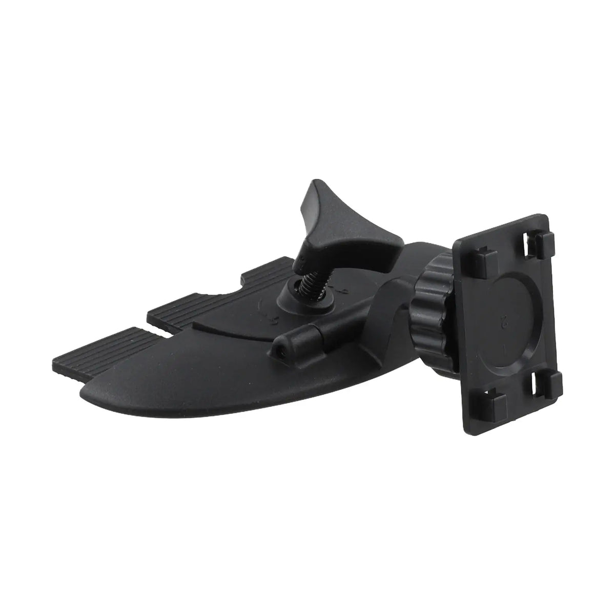 Black CD slot car mount designed to hold 7-10 inch displays.
