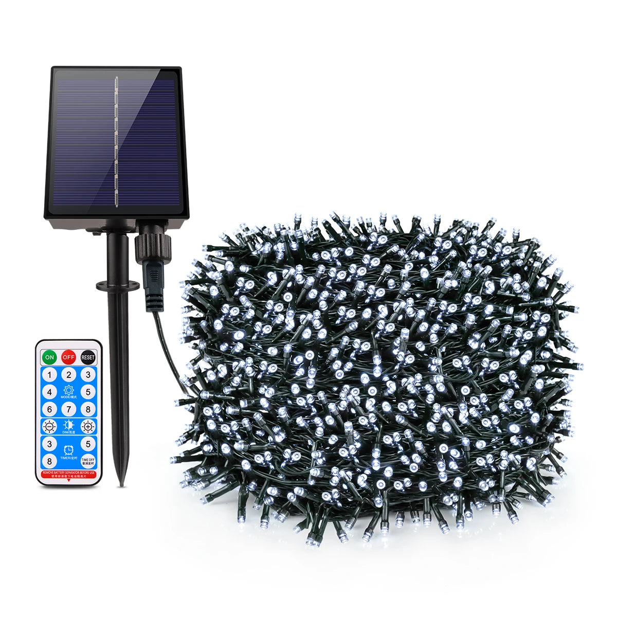 A solar powered LED string light set with a solar panel and a remote control is shown for outdoor garden decoration.
