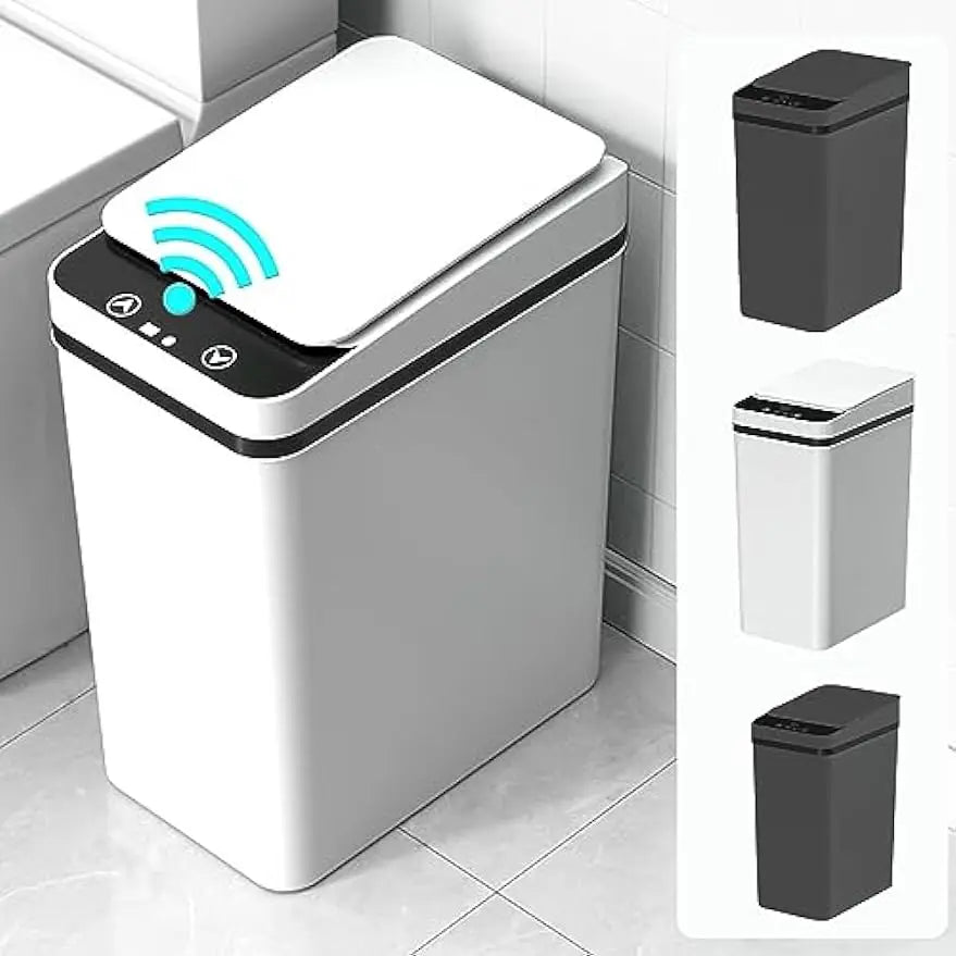 A white slim touchless trash can with a lid and motion sensor is shown next to three color options.